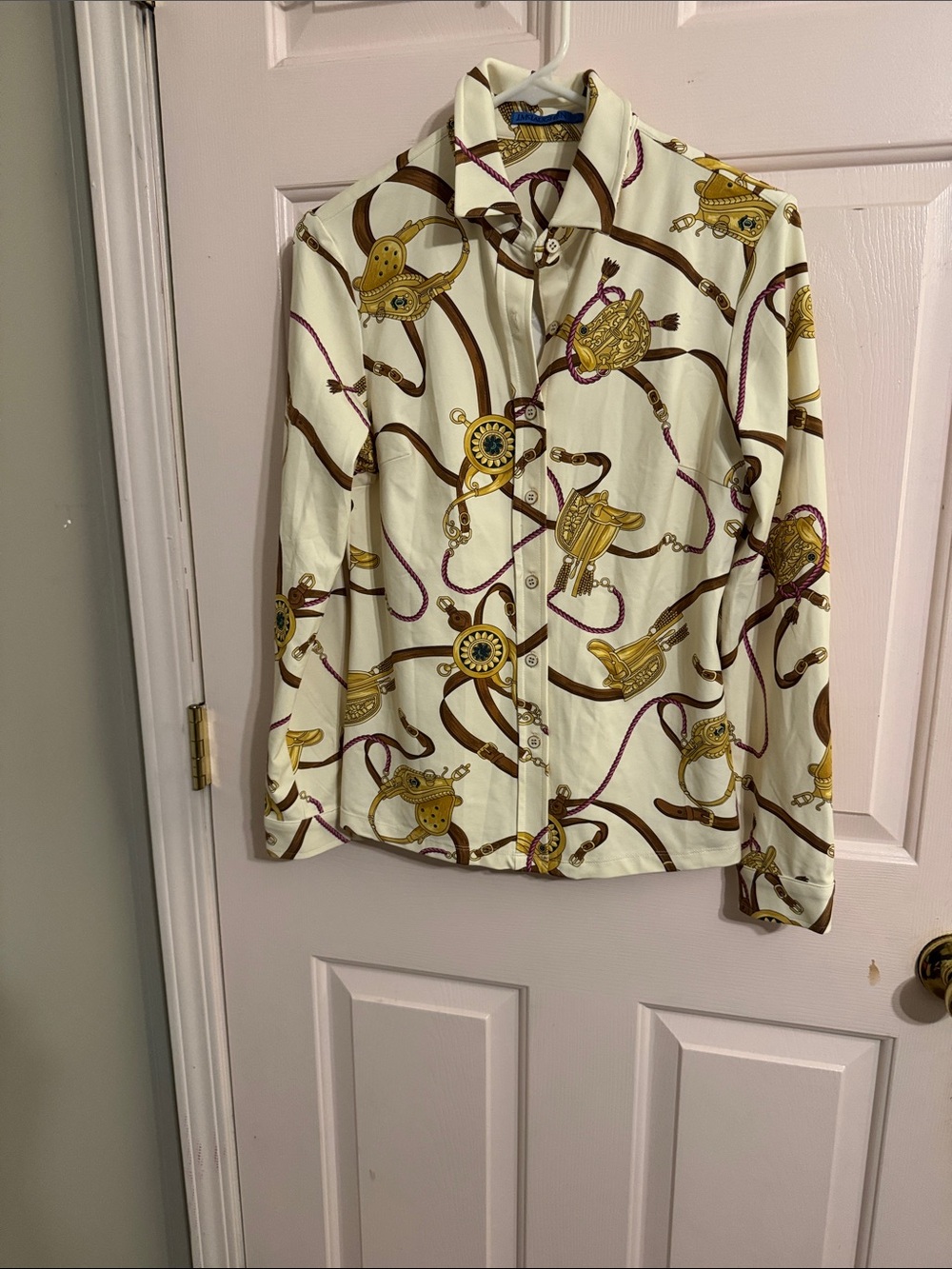 J. McLaughlin Cream Button-Down Shirt with Equestrian Print